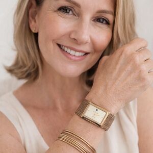 Anne Klein Wide Mesh Band Gold Tone Diamond Stainless Steel Watch